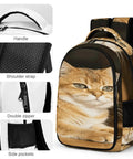 Green Eye Golden Cat Printed Unisex Backpack with durable straps, smooth zipper, and side pockets for everyday carryall use.