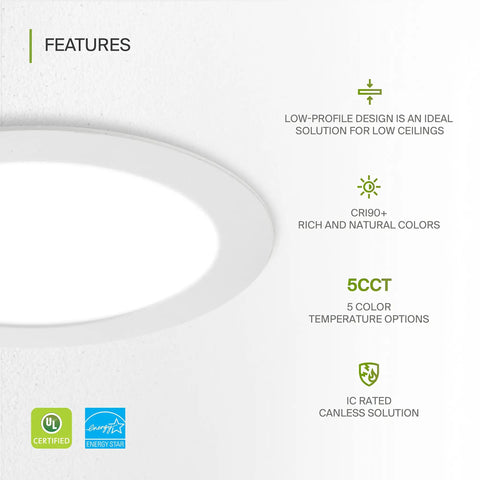 Features of 12 Pack Ultra Thin 6 Inch LED Recessed Lights With Junction Box, 5 CCT Selectable 2700K-5000K, Energy Star UL Certified