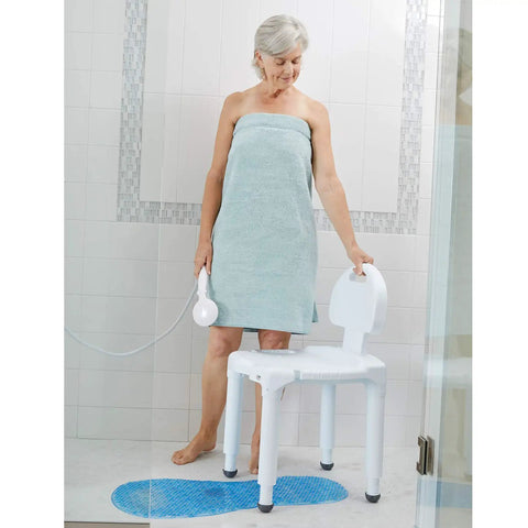 Woman in shower with Senior Safe Bath Chair With Backrest For Shower Or Tub, non-slip legs, handicap-friendly design