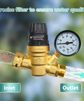 Front view of LANDNOR lead-free brass RV water pressure regulator with gauge, adjustable knob, inlet/outlet fittings