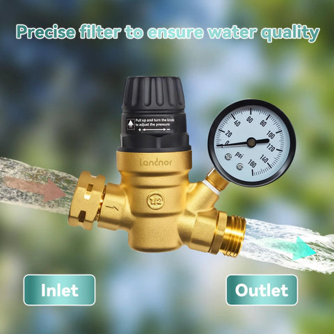 Front view of LANDNOR lead-free brass RV water pressure regulator with gauge, adjustable knob, inlet/outlet fittings