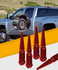 Red Spike Lug Nuts In Steel, 32 Count, M14X1.5, 60 Degree Conical Seat, Closed End, installed on truck wheel