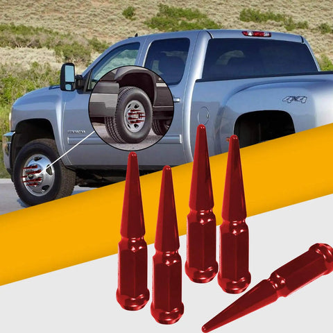Red Spike Lug Nuts In Steel, 32 Count, M14X1.5, 60 Degree Conical Seat, Closed End, installed on truck wheel