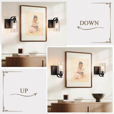 Set Of Two 8 Inch Battery Wall Sconces With Clear Glass, Farmhouse Indoor Lighting, 4000k Neutral White, Rechargeable Remote Dimmable Fixtures, All Day Glow And Zero Wiring Hustle For Bathroom Or Bedroom mounted beside artwork.