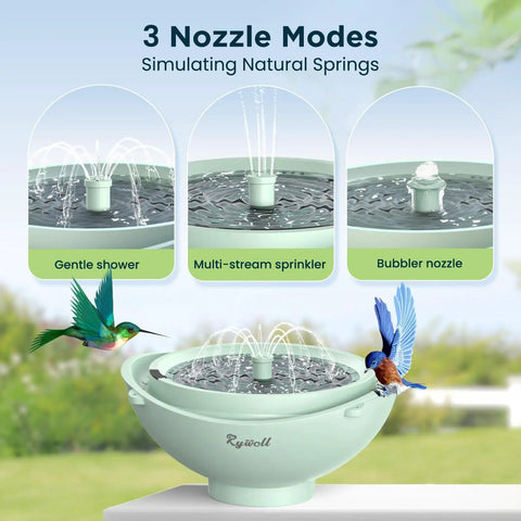 Solar Bird Bath Fountain With 3 Spray Modes And 2L Capacity featuring gentle shower, multi-stream sprinkler, bubbler nozzle.
