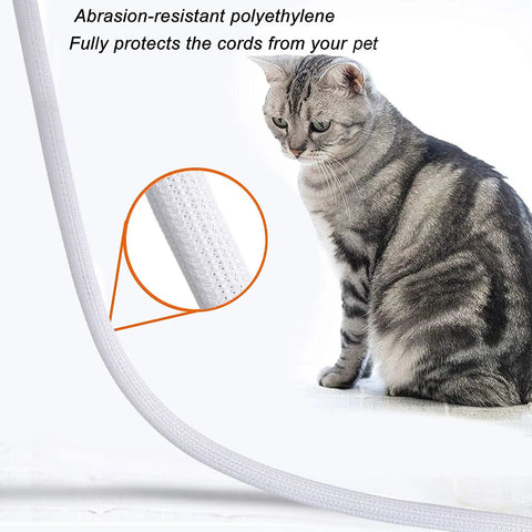Cat sitting next to 10 Ft 1/2 Inch Braided Cable Management Sleeve Cord Protector Self-Wrapping Split Wire Loom in white