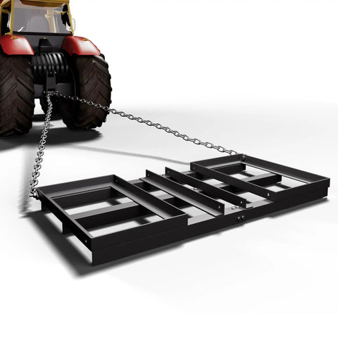Heavy Duty Tow Behind Workhorse Harrow Rake For Driveways And Lawns, 4 Foot Drag Lawn Grader attached to a tractor, black
