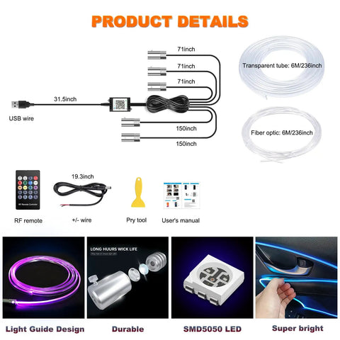 Lit Interior Car LED Strip Lights With Wireless App And Remote Control, RGB 5 In 1 Ambient Lighting Kit components and features