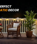 16 Pack Solar Deck Lights Outdoor Waterproof LED Fence Lamps No Fuss Setup For Steps Deck Fence Railings And Stairs Warm White 300mAh Battery with glowing lights on patio railing at night.