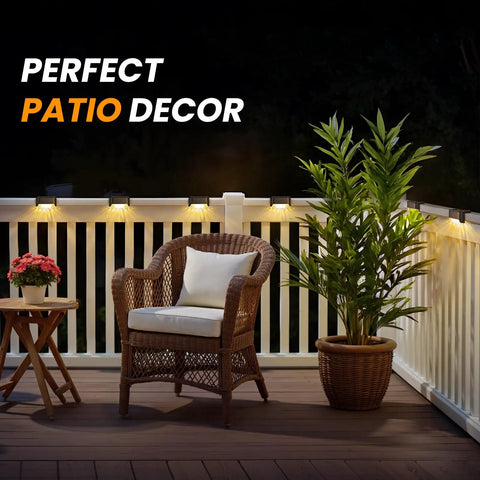 16 Pack Solar Deck Lights Outdoor Waterproof LED Fence Lamps No Fuss Setup For Steps Deck Fence Railings And Stairs Warm White 300mAh Battery with glowing lights on patio railing at night.