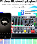 Wireless Bluetooth playback for Four Channel Bluetooth Mixer With USB MP3 Player And 48V Phantom Power visible with smartphone.