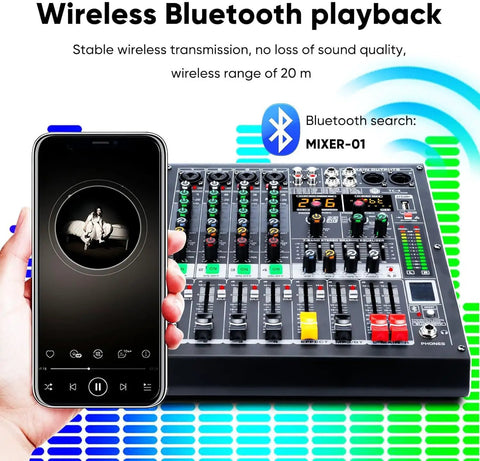 Wireless Bluetooth playback for Four Channel Bluetooth Mixer With USB MP3 Player And 48V Phantom Power visible with smartphone.