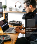 4 Piece Low Frequency Acoustic Absorption Blocks Polyurethane Wall Sound Dampener Noise Control Blocks For Recording Studio Home Theater Easy Cut Installation Banish That Muddy Bass Once And For All, shown with a person on laptop.