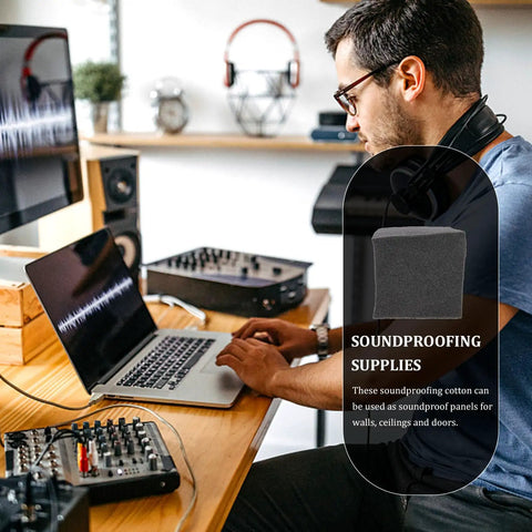4 Piece Low Frequency Acoustic Absorption Blocks Polyurethane Wall Sound Dampener Noise Control Blocks For Recording Studio Home Theater Easy Cut Installation Banish That Muddy Bass Once And For All, shown with a person on laptop.