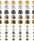 Thirty Pack Screw Back Rivet Studs Zinc Alloy Nail Head Hardware in assorted colors for leatherwork and DIY projects.