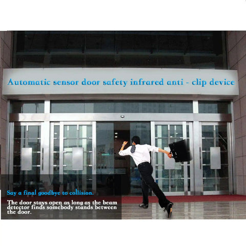 Infrared Safety Beam Sensor for Automatic Sliding Doors installed on a commercial building entrance, preventing door collision.