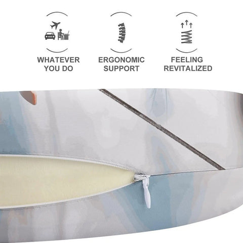 U Shaped Travel Neck Pillow With Skiing Squirrel Design showing zipper and memory foam, ergonomic comfort for long flights.