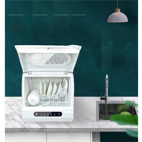 Compact Portable Countertop Dishwasher Offering No Sweat Installation And Smart Auto Wash Cycles, open with clean dishes inside.