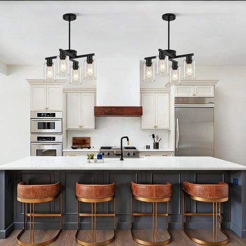 Four Light Black Farmhouse Chandelier With Adjustable Height Pendant Lighting For Dining Rooms above kitchen island with geometric design.
