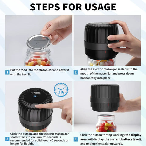 Steps showing how to use Electric Mason Jar Vacuum Sealer Kit For Wide Mouth And Regular Mouth Jars with 10 jar lids, fast seal.