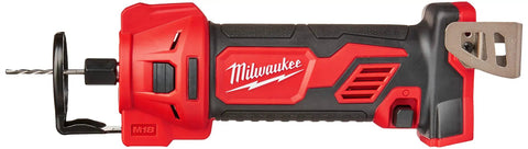 M18 18 Volt Cordless Cut Out Tool Bare Tool For Drywall Openings, Compact 4 Pole Motor Delivers Fast Clean Cuts, RedLink Intelligence Overload Protection, Lightweight Design, No Battery Or Charger Included. Side view of red and black tool showing drill bit and grip area.