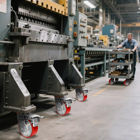 Rock Solid Heavy Duty Caster Wheels With Tough Polyurethane Treads And Rustproof Cast Iron Cores For Platform Dollies And Military Gear 4000 Lb Rating Two Brake Two Swivel on industrial cart in factory.