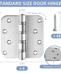 Heavy Duty Stainless Steel Door Hinges Set 6 Pack, 4 By 4 Inch Brushed Nickel Ball Bearing Hinges With Non-Removable Pin, 5 Eighths Radius Corners