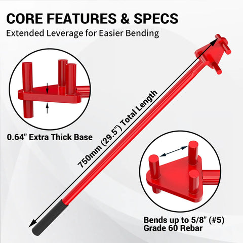 Fixum Heavy Duty Manual Rebar Bender For 5/8 Inch Steel Rods, showing extra thick base and 29.5 inch total length for better leverage.