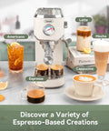 Top Shelf 20 Bar Espresso Machine With Built In Conical Burr Anti Static Grinder For Rich Crema And Powerful Milk Frothing System For Real Deal Home Barista Setup with various coffee drinks.