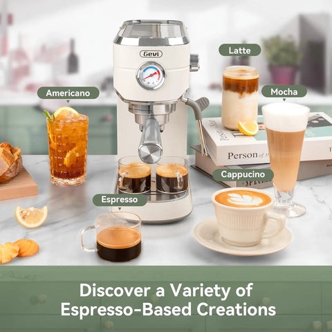 Top Shelf 20 Bar Espresso Machine With Built In Conical Burr Anti Static Grinder For Rich Crema And Powerful Milk Frothing System For Real Deal Home Barista Setup with various coffee drinks.