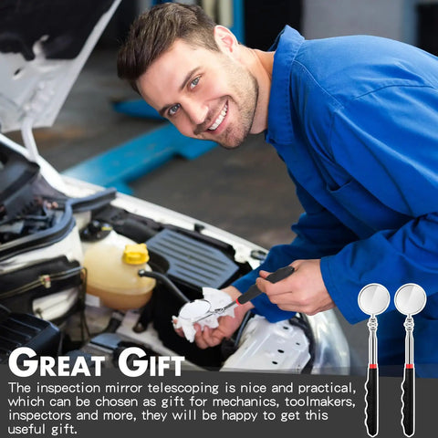 Mechanic using 2 Pack Telescoping Inspection Mirrors With Long Handle Round 50mm Extendable Mirror under car hood