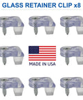 Premium Glass Panel Retainer Clips 8-Pack for Curio China Kitchen Cabinets and Window Inserts With Soft Rubber Bumper Pre-Installed Screw 5/16 Inch Offset Easy Install Stateside Crafted For A Secure Hold No Sweat Setup Durable Plastic Hardware Top Shelf displayed in an 8-piece set.