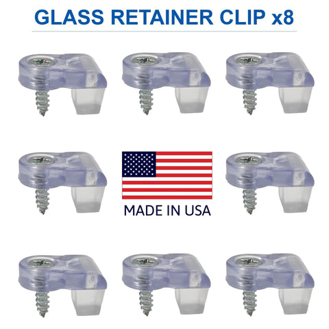 Premium Glass Panel Retainer Clips 8-Pack for Curio China Kitchen Cabinets and Window Inserts With Soft Rubber Bumper Pre-Installed Screw 5/16 Inch Offset Easy Install Stateside Crafted For A Secure Hold No Sweat Setup Durable Plastic Hardware Top Shelf displayed in an 8-piece set.