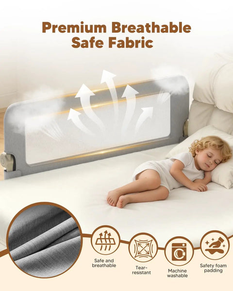 75 Inch Foldable Toddler Bed Rail With Reinforced Carbon Steel Frame Breathable Washable Fabric Guard promoting safe sleep for child