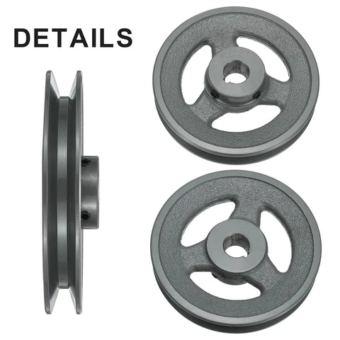 Heavy Duty Cast Iron Single Groove V Belt Sheave Five Eighth Inch Bore Five Point Two Five Outer Diameter side and top views