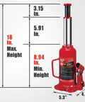 Front view of red 12-ton Big Red welded hydraulic bottle jack; Torin TAM91203B, 24,000 lb capacity.