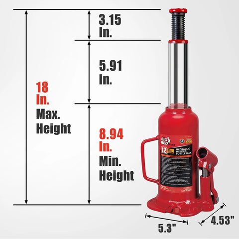 Front view of red 12-ton Big Red welded hydraulic bottle jack; Torin TAM91203B, 24,000 lb capacity.