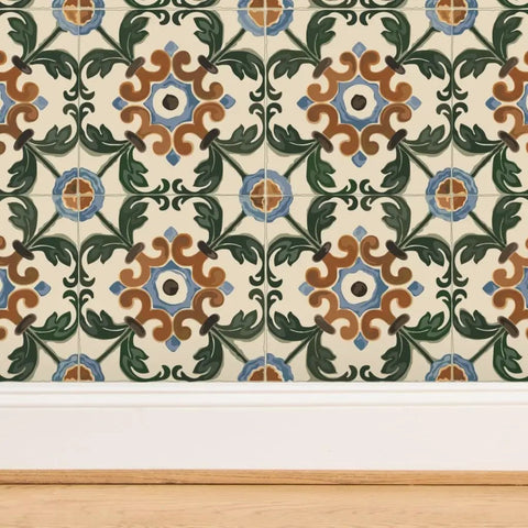 Pro Level Distressed Tiles Vinyl Wallpaper With Badass Leather Texture For Commercial Spaces And Home Renos Paste Required Super Durable Type Two Wallcovering Custom Printed Just For You Killer Interior Decor design featuring floral patterns in beige, green, and blue.