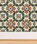 Straight Up Killer Distressed Tile Professional Wallpaper With a Matte Linen Texture for Kitchens and Bathrooms Durable PVC-Free Home Makeover, floral design in muted colors on wall.