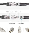BNC Female To UHF Male PL259 RF Coaxial Adapter 2 Pack For CB Ham Radios Coax Connectors with visible details and labeling.
