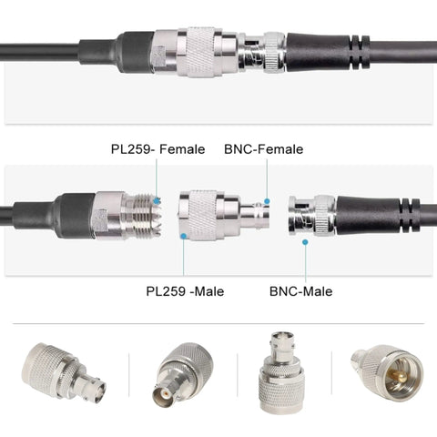BNC Female To UHF Male PL259 RF Coaxial Adapter 2 Pack For CB Ham Radios Coax Connectors with visible details and labeling.