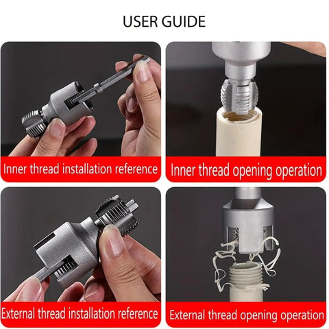 User guide for 2pc Dual Function Pipe Threader Tool Set For Pvc Pipe 1/2 Inch 3/4 Inch And 1 Inch Die with threading operations.
