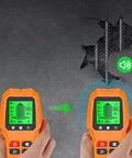 7 in 1 Smart Stud Finder Wall Scanner with LCD Display in use, detecting metal structure through wall, brightly lit screen.
