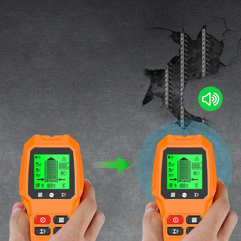 7 in 1 Smart Stud Finder Wall Scanner with LCD Display in use, detecting metal structure through wall, brightly lit screen.