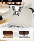 Smooth Semi Automatic Espresso Machine With 20 Bar Pressure And Built In Milk Steam Wand For Rich Crema Extraction Along With A 1.5L Removable Tank For Stress Free Daily Brewing Vibes showing pre-infusion function for espresso.