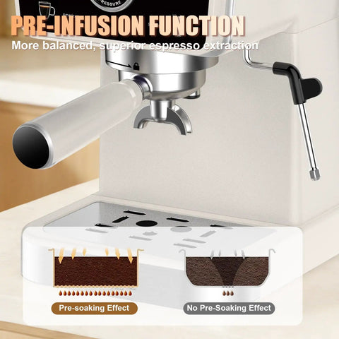 Smooth Semi Automatic Espresso Machine With 20 Bar Pressure And Built In Milk Steam Wand For Rich Crema Extraction Along With A 1.5L Removable Tank For Stress Free Daily Brewing Vibes showing pre-infusion function for espresso.