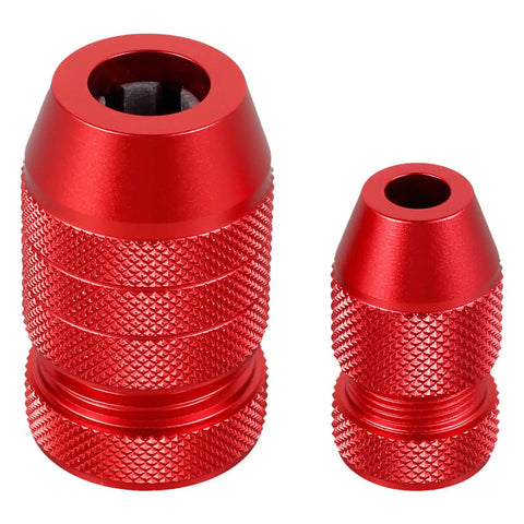 Heavy Duty Two Piece Adjustable Drill Bit Depth Stop Collar Kit Machined From Solid Aluminum Alloy, red collars for precise drilling.