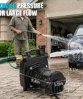 Heavy Duty Cast Iron Water Transfer Pump 115V 1/2HP 1500 GPH Portable Electric Utility Pump being used with a garden hose.