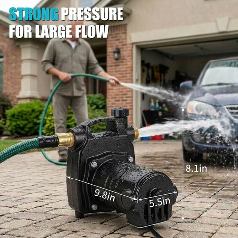 Heavy Duty Cast Iron Water Transfer Pump 115V 1/2HP 1500 GPH Portable Electric Utility Pump being used with a garden hose.