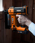 Person using 20V Cordless 2-In-1 18-Gauge Nailer And Stapler Tool Only For Quick Build Projects in framing work